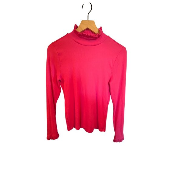 J.Crew Pink Ribbed Long Sleeve Ruffle Mock Neck Top Size M - Picture 1 of 4
